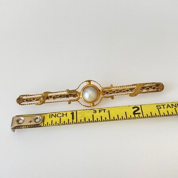 Vintage 10k Solid Yellow Gold Pearl Leaf Accents Bar Shaped Brooch Pin - Picture 5 of 7